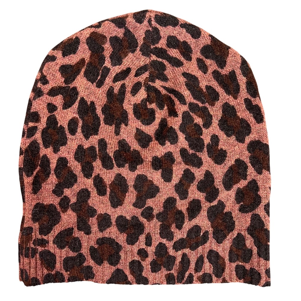27 Miles Malibu Womens Leopard Print 100% Cashmere Beanie Hat Pink Brown NEW